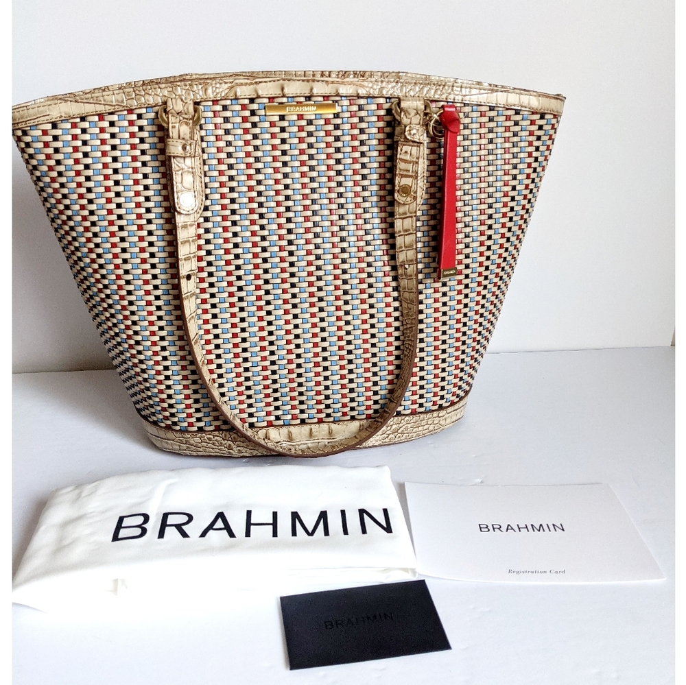 Brahmin Medium Bowie Tote Bag Ridgemont Red Blue Woven Leather - Picture 14 of 15